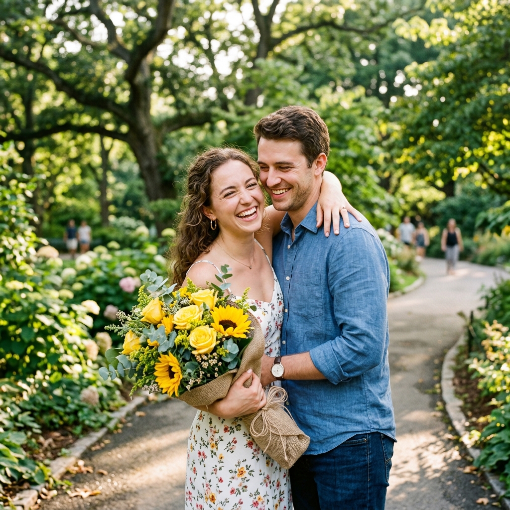 mujer feliz abrazando a su pareja con flores amarillas