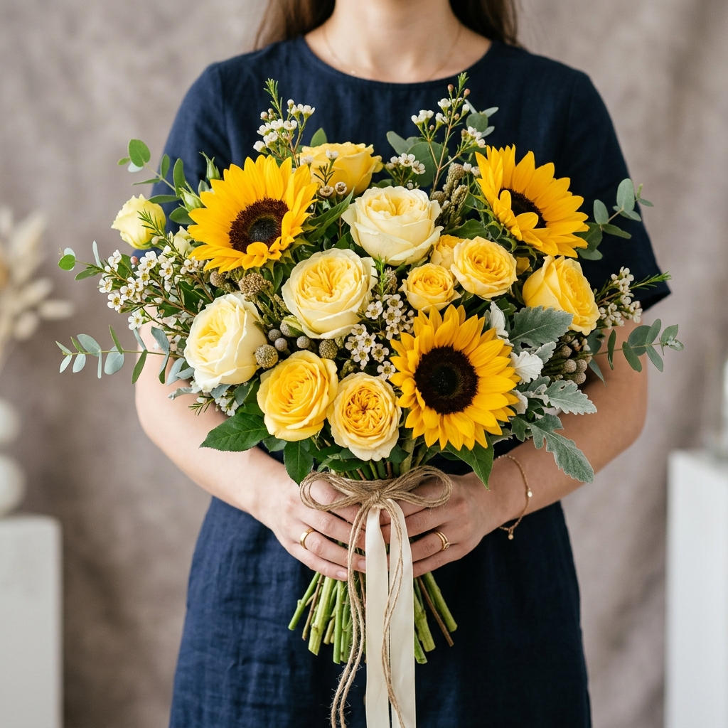 ramo de rosas y girasoles premium elegante